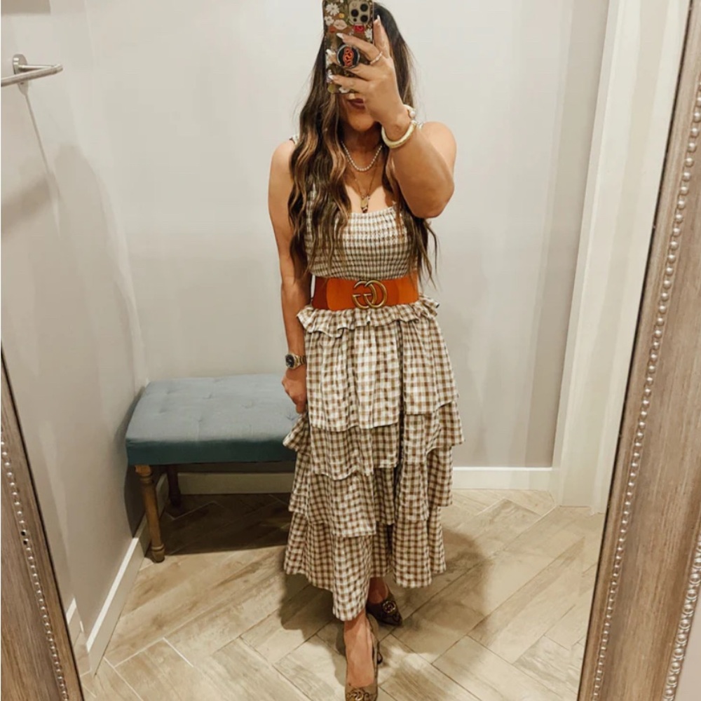 NWOT Aureum CELESTE Gingham Tiered Smock Midi Dress